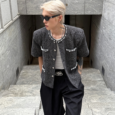 子上小香风无领垫肩短袖夹克