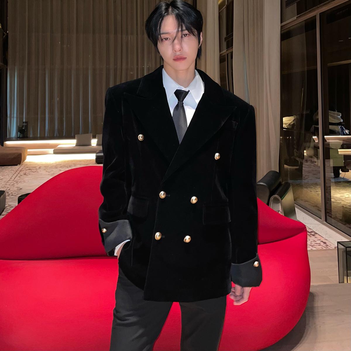 高级感缎面袖口西装外套子上男装