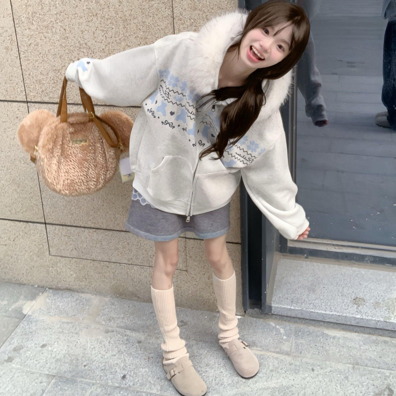 美式复古chic费尔岛毛绒领小熊卫衣女秋冬新款加绒加厚学院风外套