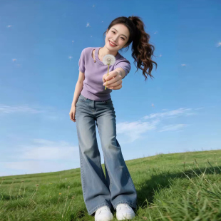 韩式少女风穿搭一整套装2026夏季新款针织衫阔腿牛仔裤子两件套装