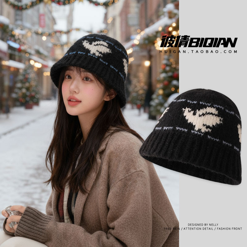 复古名族费尔岛风针织帽子女秋冬季毛线帽大头围保暖防寒水桶盆帽