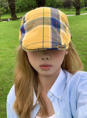 黄色格子多巴胺贝雷帽女夏天2025新款复古帽子薄款鸭舌前进帽潮