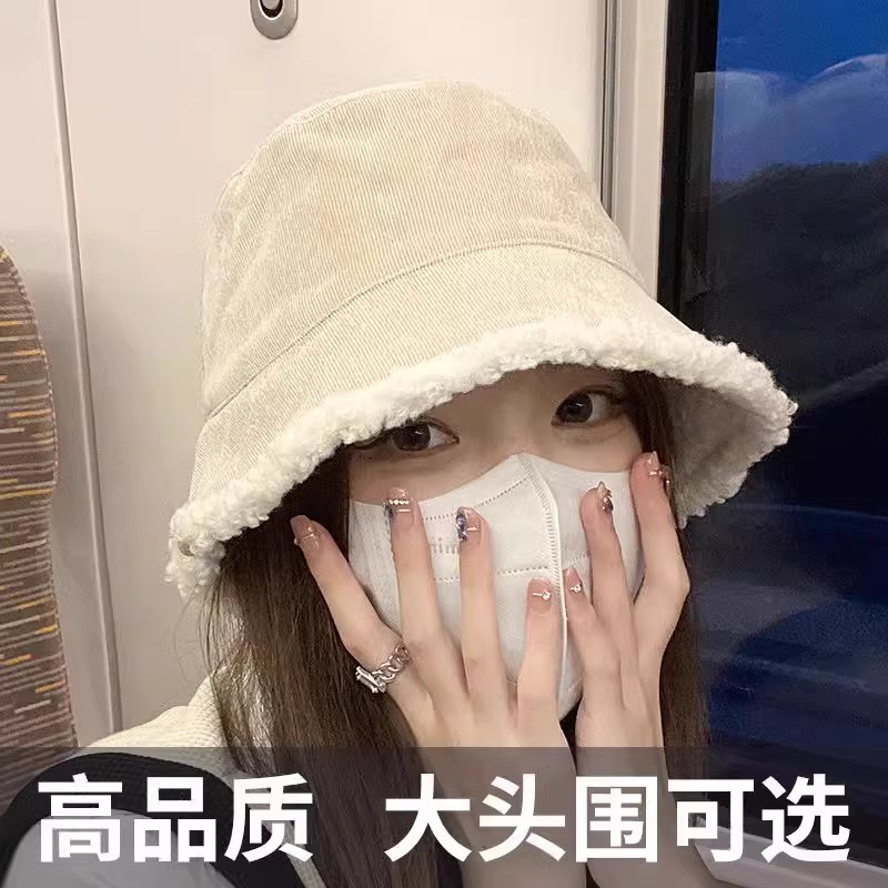 渔夫帽子女冬双面羊羔毛绒水桶帽