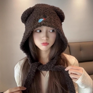 甜美可爱小熊系绳毛线帽子女秋冬季加厚保暖护耳针织保暖套头帽女