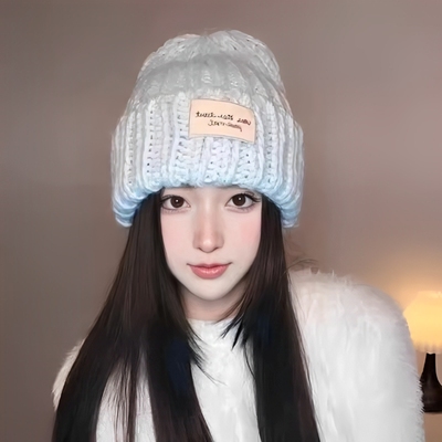 字母布标毛线帽女秋冬防寒