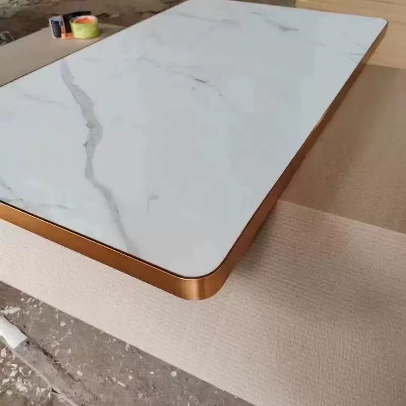 轻奢岩板加厚钛金铝合金包边理石纹长方形单桌面防水不锈钢餐台面