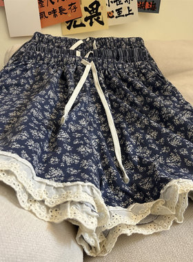 夏季女碎花蕾丝松紧腰家居短裤