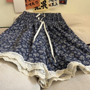 可外穿碎花蕾丝花边女睡裤夏季家居裤抽绳松紧腰舒适阔腿休闲短裤