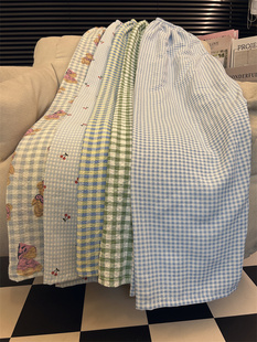 睡裤女加长版阔腿裤女长裤夏季薄款垂感高个子宽松休闲格子家居裤