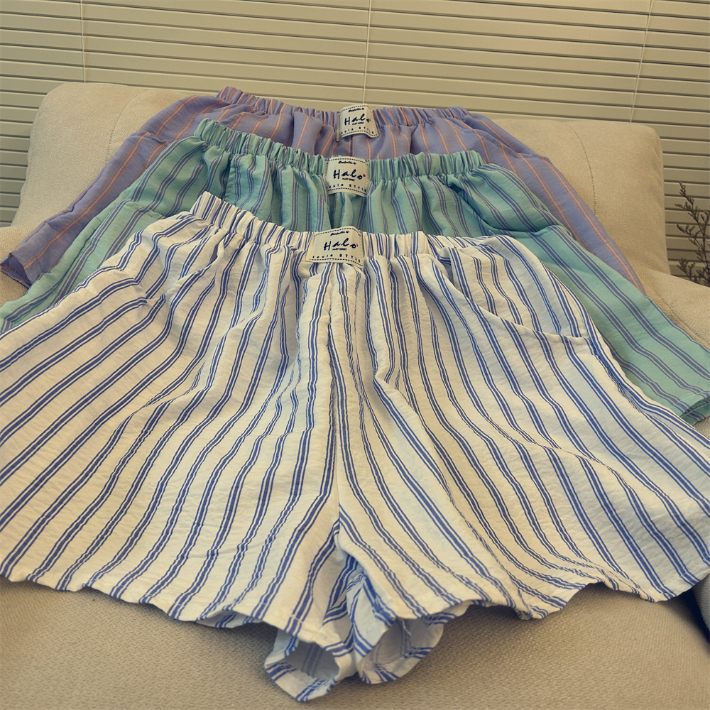 双口袋慵懒日系复古竖条纹可外穿睡裤女夏季薄款宽松休闲遛弯短裤