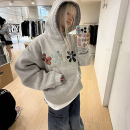 复古高街刺绣卫衣女连帽秋冬2025新款 宽松慵懒风加绒外套oversize