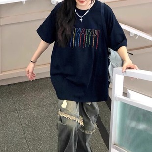上衣服 美式 高街潮牌夏季 短袖 黑色t恤女宽松慵懒风设计感小众半袖