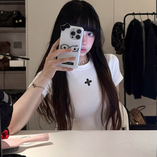 修身 高腰露臍辣妹顯瘦正肩短袖 白色T恤女夏美式 復古韓版 上衣 短款