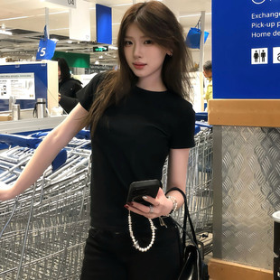 黑色T恤女夏季 美式 高腰辣妹显瘦正肩短袖 新款 百搭上衣服 韩版 修身