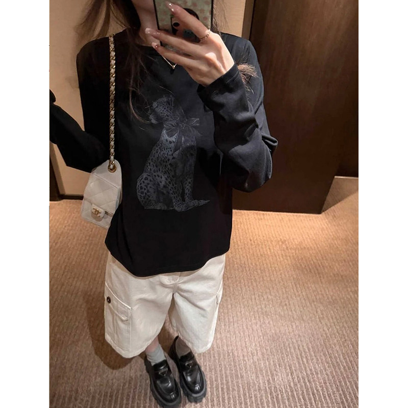 美式潮牌复古黑色长袖纯棉t恤女韩系宽松慵懒风内搭打底衫上衣服