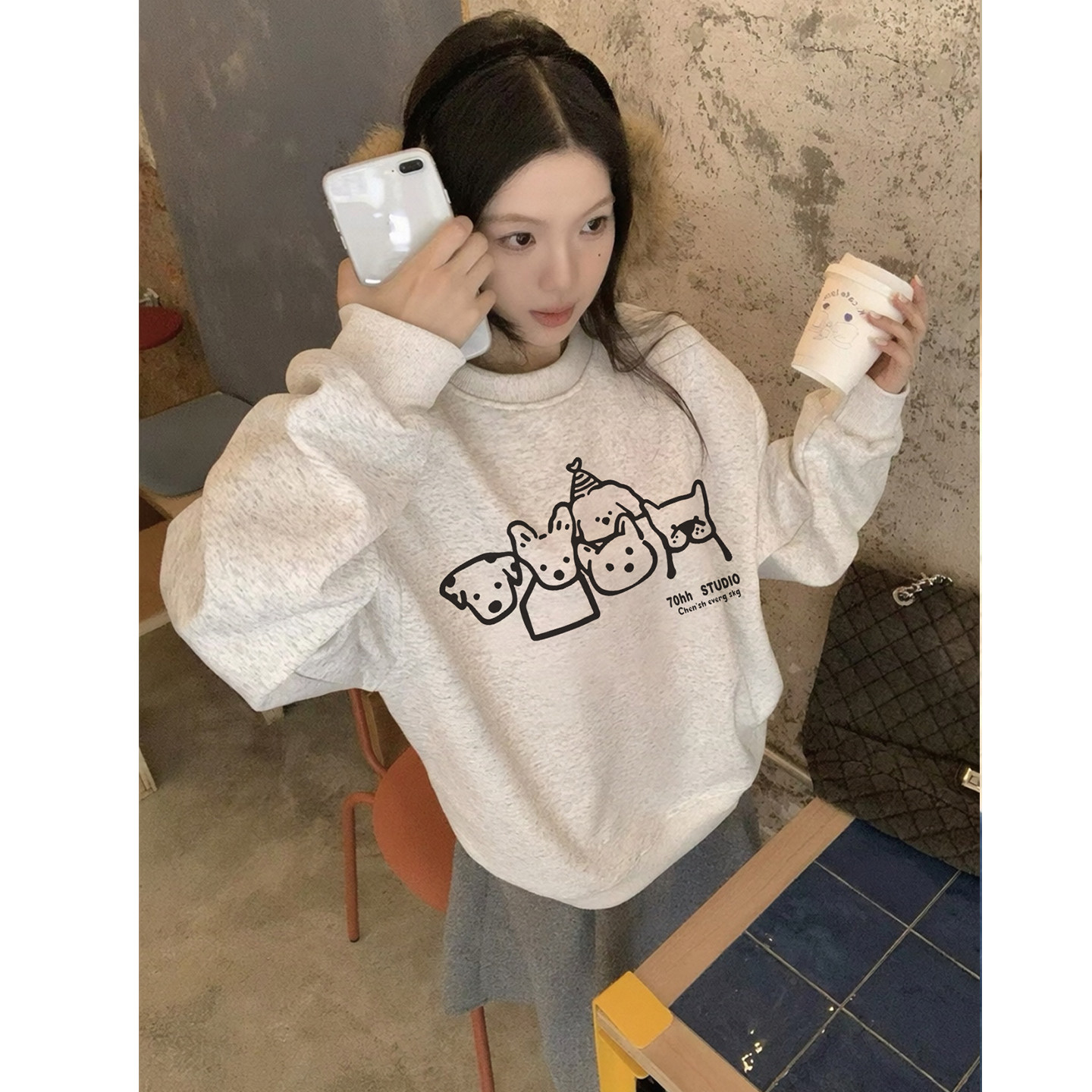 美式圆领小狗卫衣女加绒加厚秋冬2026新款学生宽松慵懒风上衣服潮
