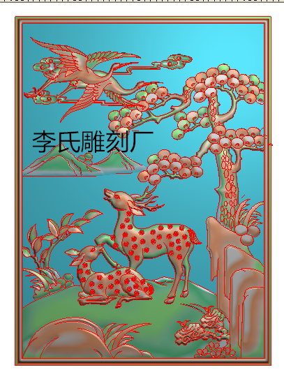李氏雕刻厂精雕图梅花鹿靠背浮雕图山水仙鹤门板灰度图02松鹿背板