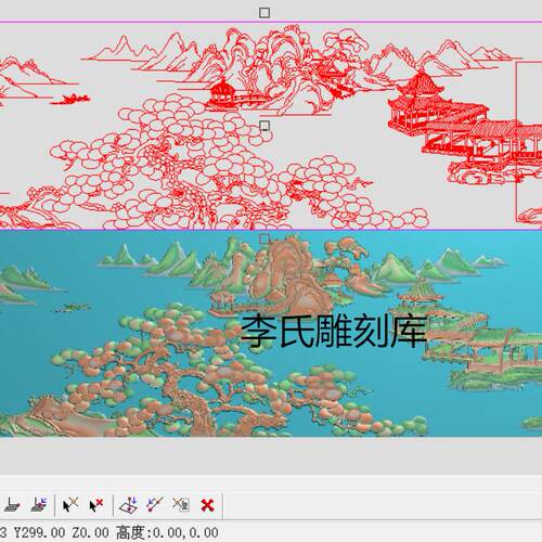 李氏雕刻库精雕图风景沙发背板浮雕图鸟语花香灰度图 山水大靠背