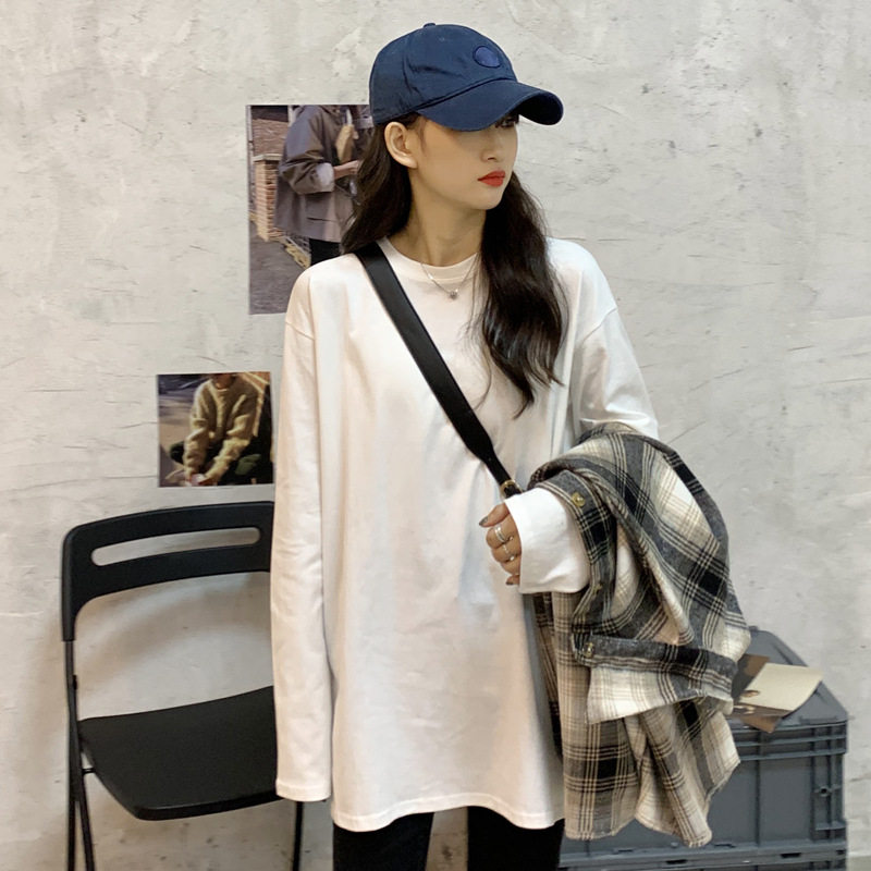 白色打底衫女外穿春秋冬装韩版宽松慵懒百搭上衣纯色内搭长袖t恤