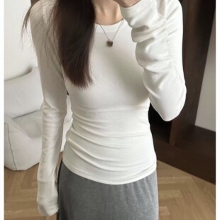 长袖纯色老钱风T恤加绒短款白t恤打底衫秋冬圆领白色显瘦内搭正肩