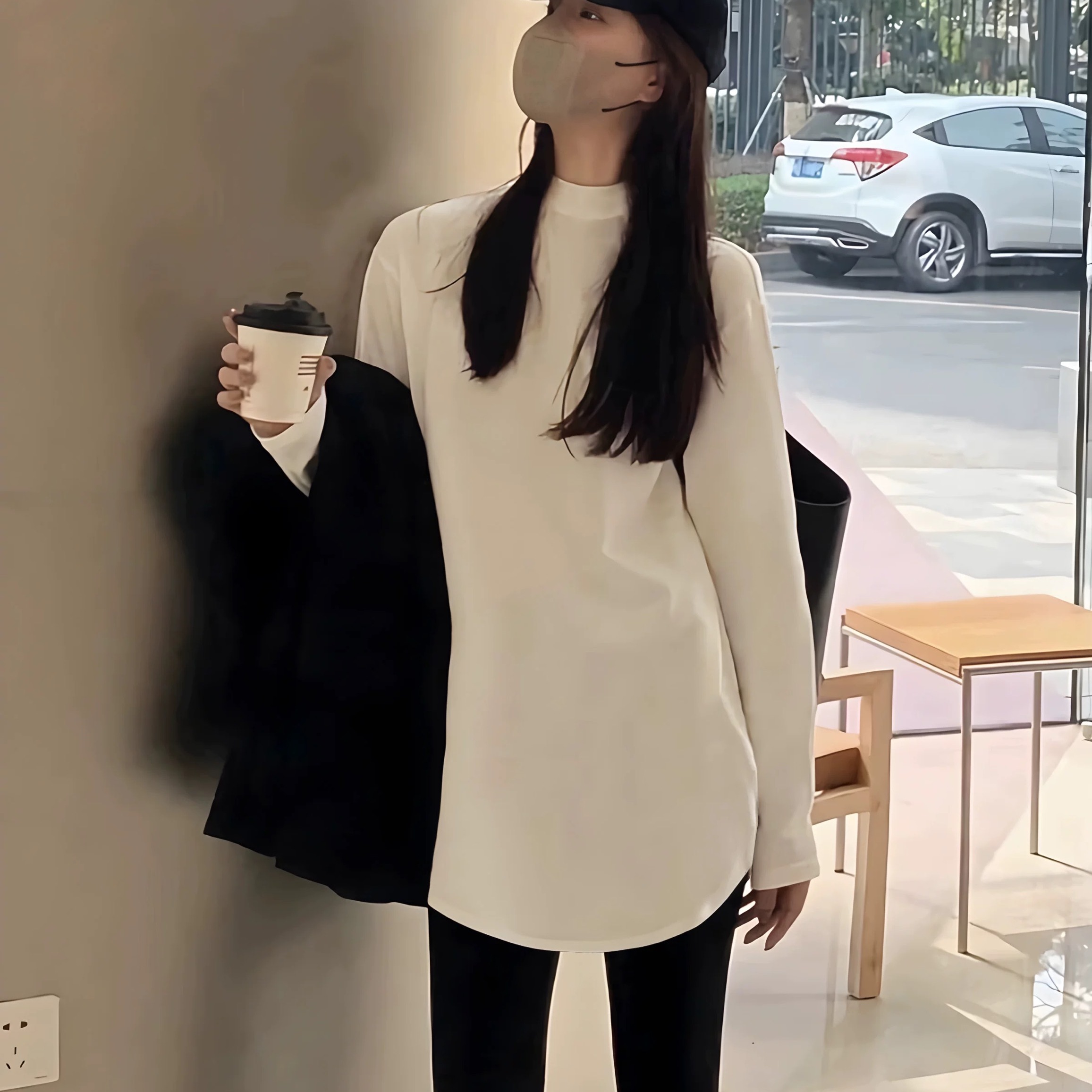 德绒白色长袖T恤女春秋冬新款