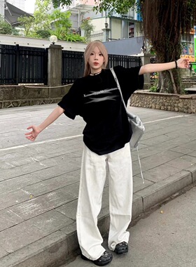 美式高街潮牌黑色短袖女t恤夏季宽松小众设计感纯棉上衣oversize