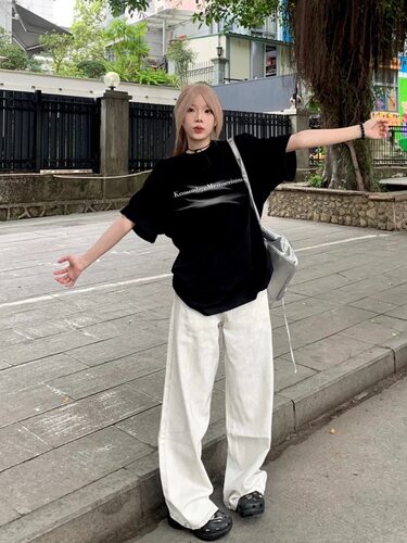 美式高街潮牌黑色短袖女t恤