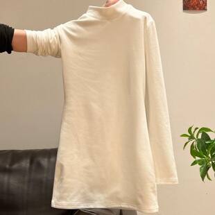 半高领德绒中长款打底衫女内搭秋冬季修身加绒长袖T恤遮屁股上衣