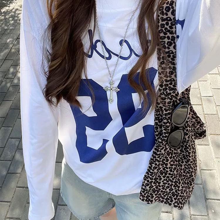美式复古运动风白色长袖t恤女