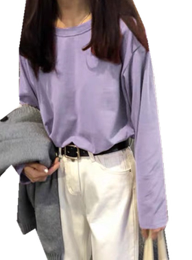 白色长袖T恤女宽松显瘦圆领韩版潮流打底衫2025秋冬纯色内搭上衣