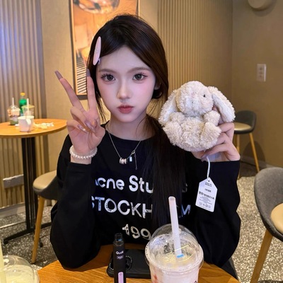 美式复古黑色字母印花纯棉长袖