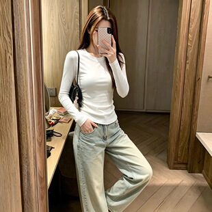 基础款正肩圆领纯棉长袖T恤女春秋冬内搭短款打底衫修身百搭上衣