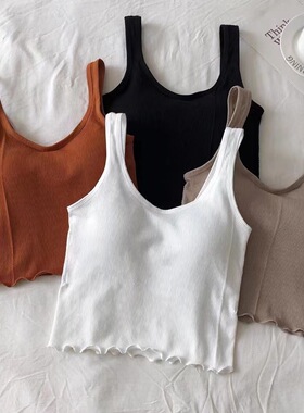 木耳边吊带背心女带胸垫固定杯外穿早秋短款紧身显瘦u领内搭上衣