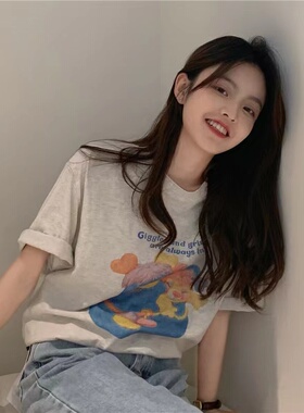 灰色纯棉短袖t恤女ins潮夏季小众别致上衣小个子修身短款正肩小衫