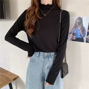 双面德绒半高领木耳边打底衫女内搭秋冬洋气加厚保暖长袖T恤上衣