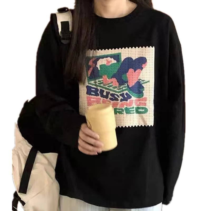 ins韩版圆领印花长袖T恤卫衣女春秋薄款慵懒风宽松设计感小众上衣
