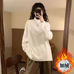德绒白色半高领打底衫女秋冬季卫衣叠穿内搭宽松加绒长袖t恤上衣