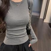 长袖 秋冬内搭修身 T恤女百搭上衣ins 女2025新款 灰色收腰圆领打底衫