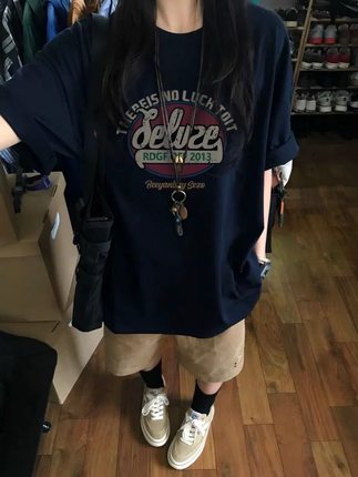 美式复古藏蓝色短袖t恤女夏季2025新款宽松设计感小众半袖上衣潮