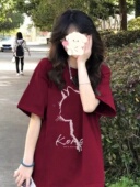 T恤ins潮闺蜜装 美式 胖mm遮肚女装 大码 纯棉上衣夏 复古酒红显白短袖