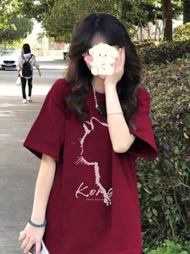 美式复古酒红显白短袖大码胖mm