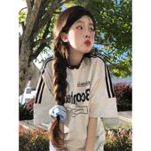 纯棉宽松半袖 国潮美式 情侣款 T恤女夏季 上衣ins 复古三条杠插肩短袖