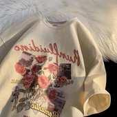 复古vintage玫瑰花t恤女夏ins潮牌短袖 大码 美式 显瘦正肩微胖上衣