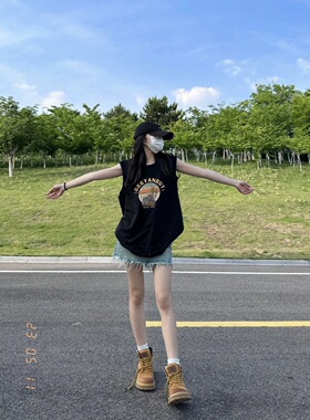 黑色t恤女装2025夏季小众潮牌外穿大版宽松休闲背心坎肩无袖上衣