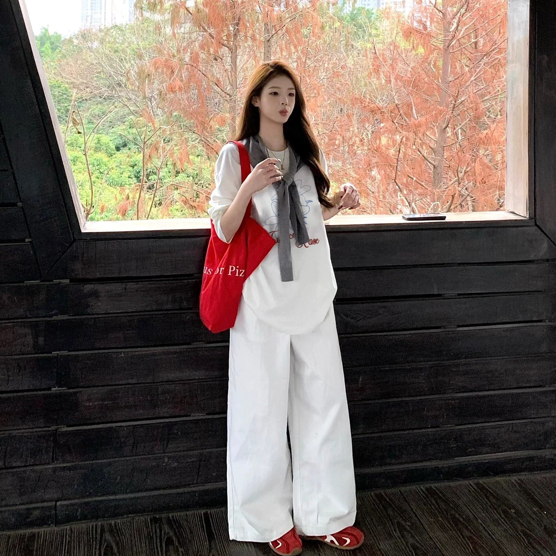 秋季新款重磅纯棉白正肩长袖t