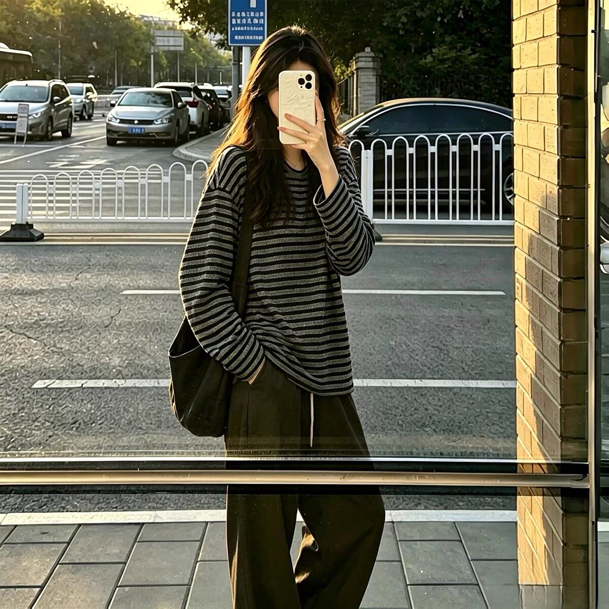 圆领条纹长袖T恤女春秋