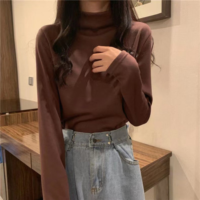 咖色半高领加绒加厚打底衫长袖