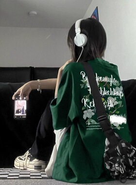 美式hiphop高街T恤女夏宽松大码慵懒风纯棉短袖ins潮牌情侣装上衣