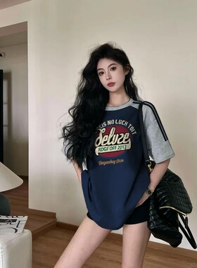 美式藏蓝色插肩短袖t恤女2025夏季新款爆款宽松复古小众半袖上衣