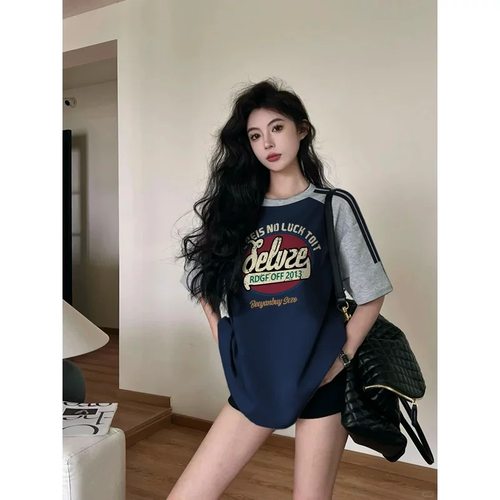美式藏蓝色插肩短袖t恤女